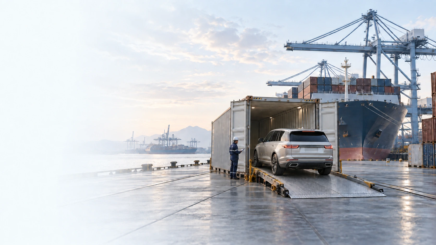 A light silver vehicle being professionally loaded into a shipping container beside a large ocean container ship