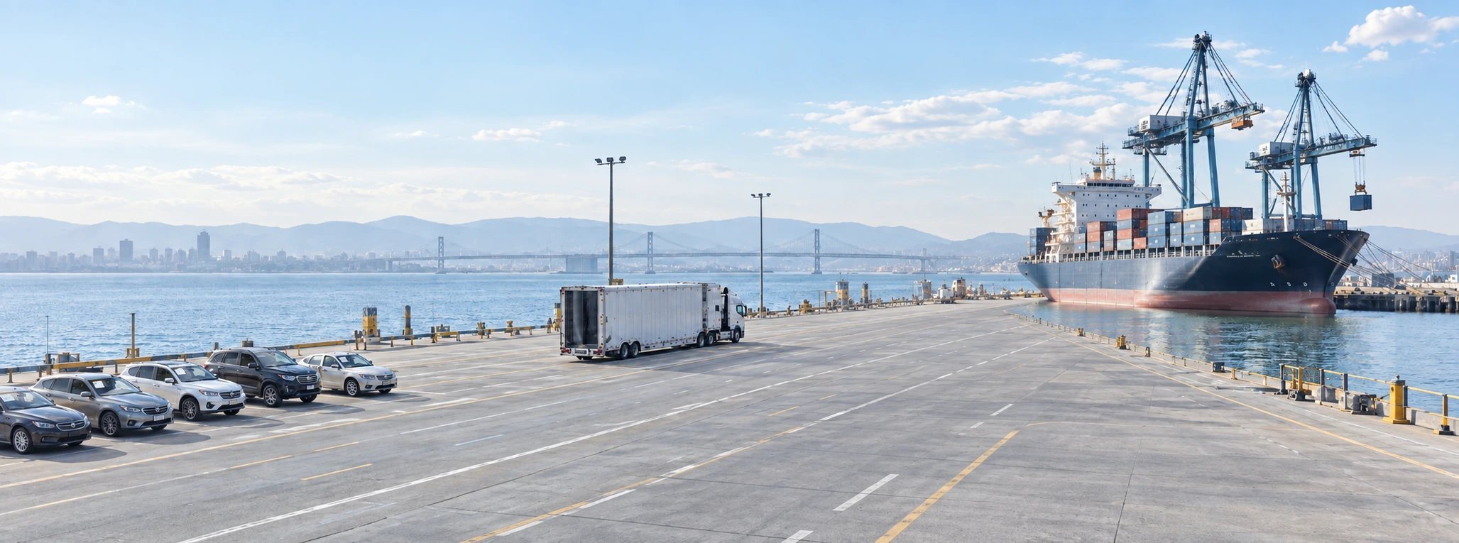 Auction vehicles and an inland carrier moving through an open international container port operation