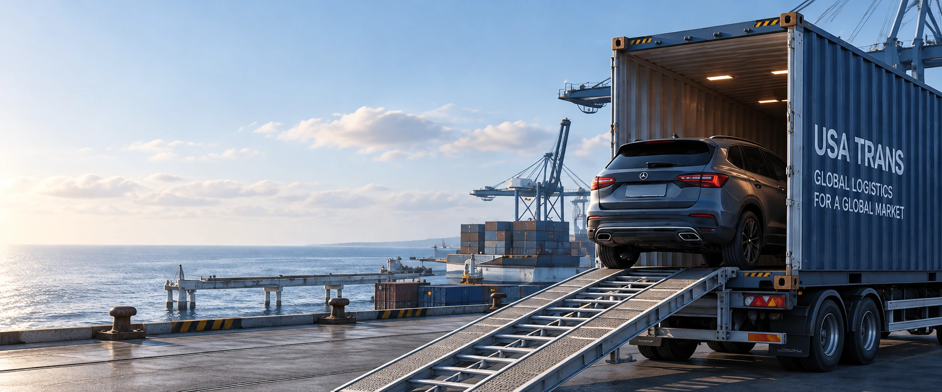 A dark SUV being loaded up a ramp into an open navy USA TRANS shipping container at a port