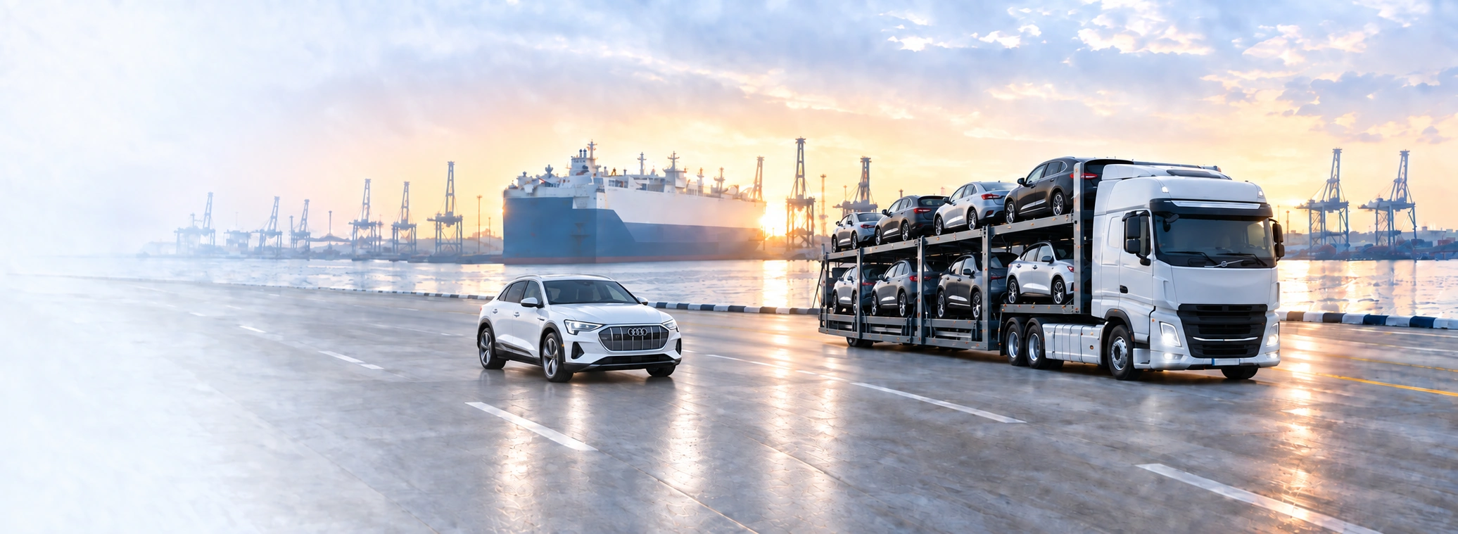 White Audi e-tron on the port road beside a loaded car carrier