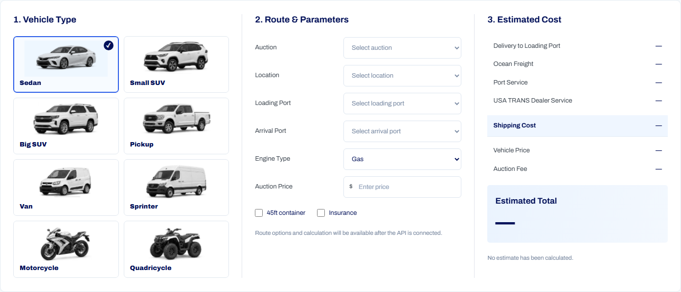 Existing public shipping calculator with vehicle selection, route parameters and uncalculated costs