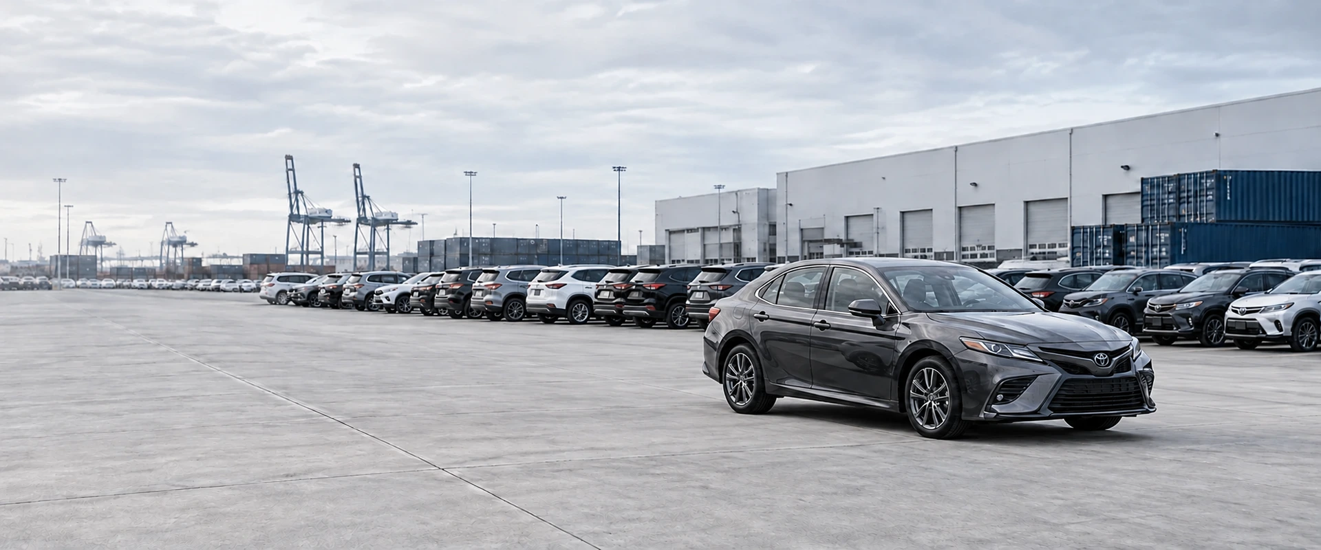 Vehicles prepared for export at a logistics yard beside a warehouse and shipping containers