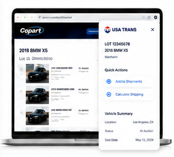 USA TRANS browser extension on an auto auction