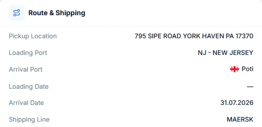 Route and Shipping: Pickup Location, Loading Port, Arrival Port, Loading Date, Arrival Date, Shipping Line