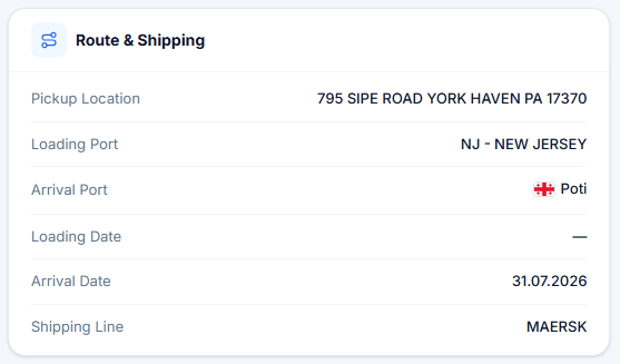 Actual Route & Shipping: pickup location, ports, loading and arrival dates, shipping line.