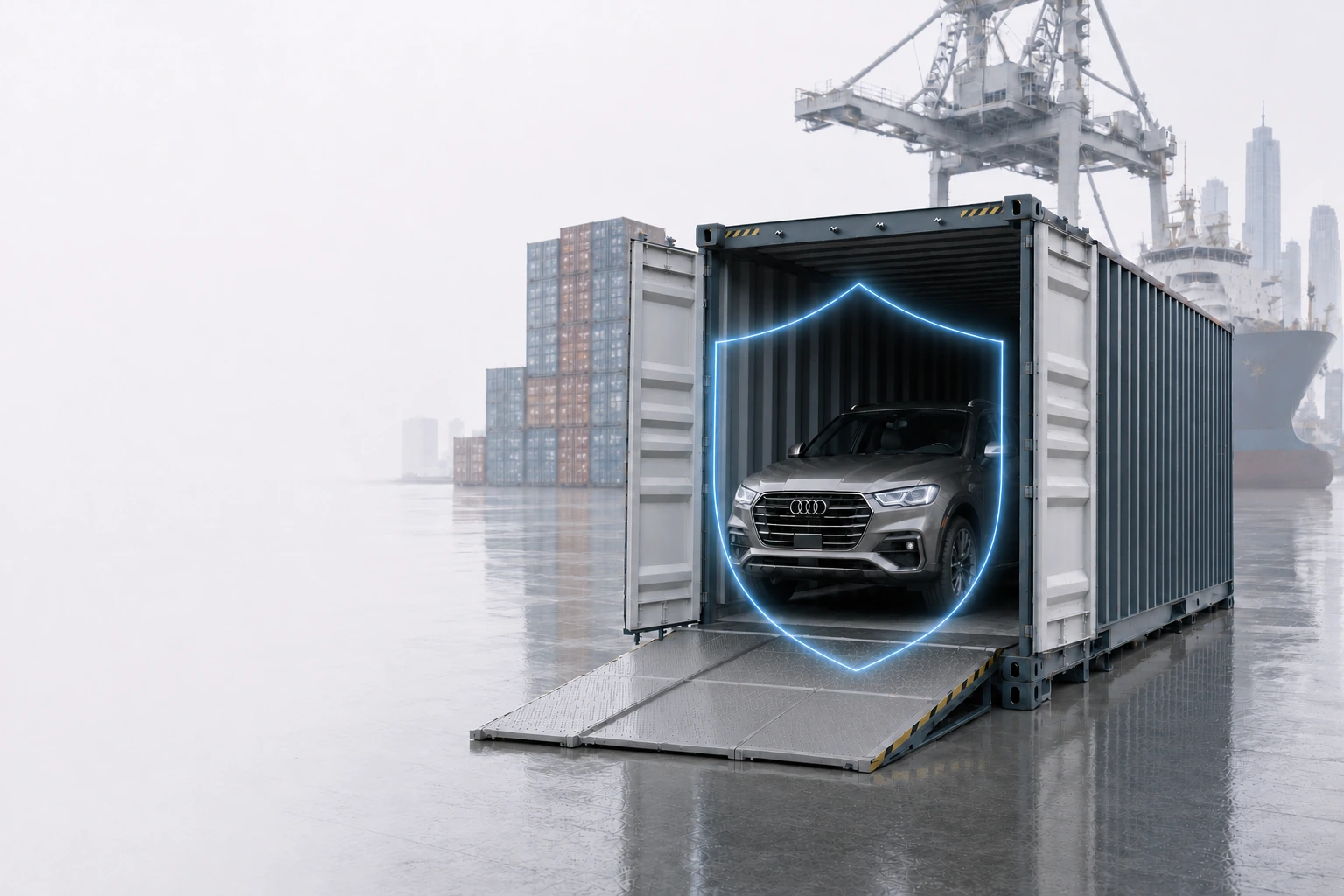 Protected vehicle inside an open shipping container at a port
