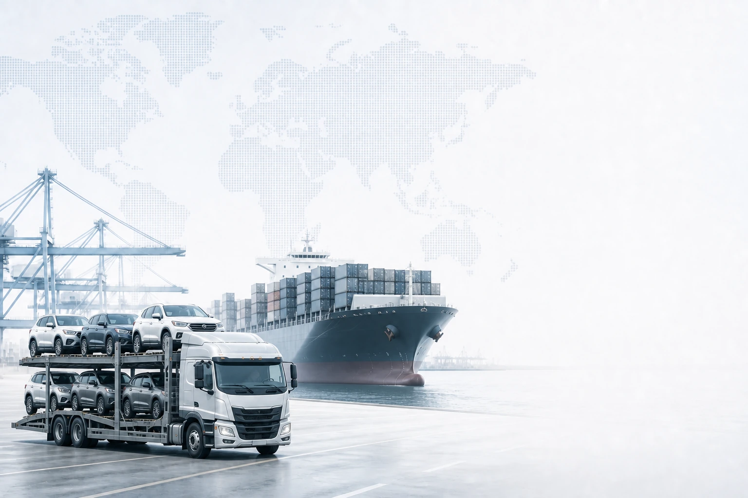 Vehicle logistics with approaching car carrier and container ship